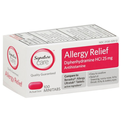 Signature Care Allergy Relief Diphenhydramine HCI 25mg Antihistamine Minitab - 100 Count