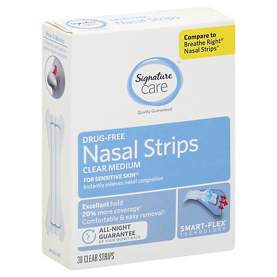 Signature Care Nasal Strips Breathing Aid Clear Medium - 30 Count