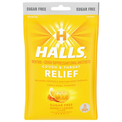 HALLS Cough Suppressant Drops Triple Soothing Action Sugar Free Honey Lemon - 25 Count