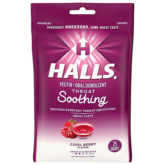 HALLS Oral Demulcent Throat Drops Breezers Cool Berry - 25 Count