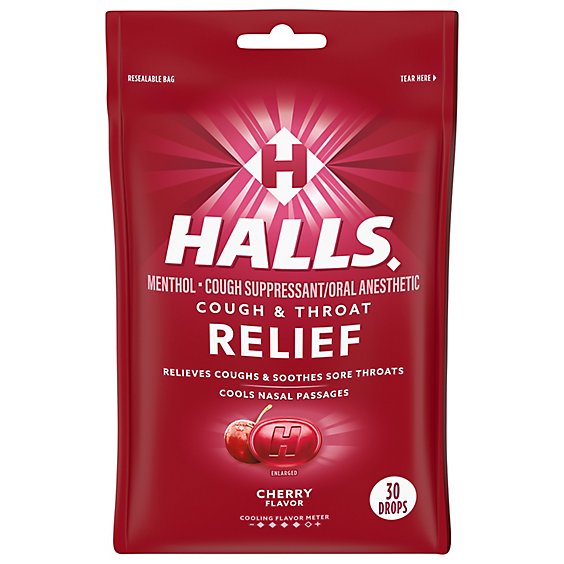 HALLS Cough Suppressant Drops Triple Soothing Action Cherry - 30 Count