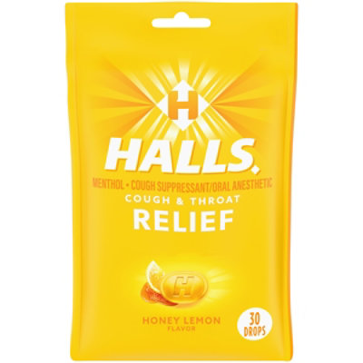 HALLS Cough Suppressant Drops Triple Soothing Action Honey Lemon - 30 Count - Image 1