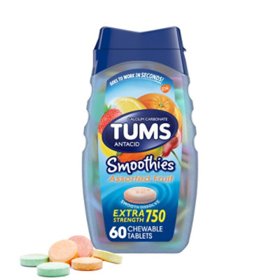 Tums Smoothies Antacid Tablets Chewable Extra Strength 750 Assorted Fruit - 60 Count