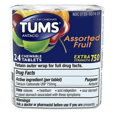 Tums Antacid Tablets Chewable Extra Strength 750 Assorted Fruit - 24 Count