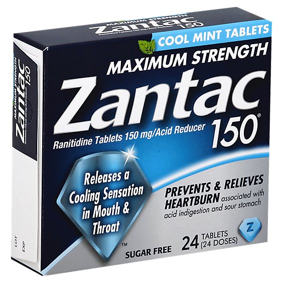 Zantac 150 Acid Reducer Tablets Maximum Strength 150 mg Cool Mint - 24 Count