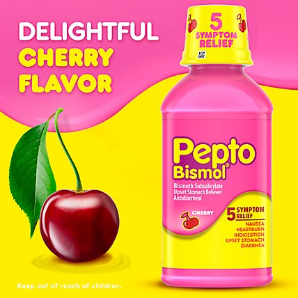 Pepto Bismol Medicine For Upset Stomach And Diarrhea 5 Symptom Relief Cherry Flavor - 8 Fl. Oz. - Image 3
