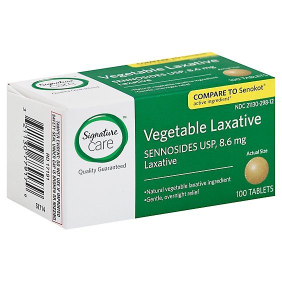 Signature Care Laxative Vegetable Sennosides USP 8.6mg Tablet - 100 Count