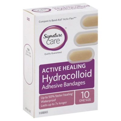 Signature Care Adhesive Bandages Hydrocolloid Active Healing One Size - 10 Count