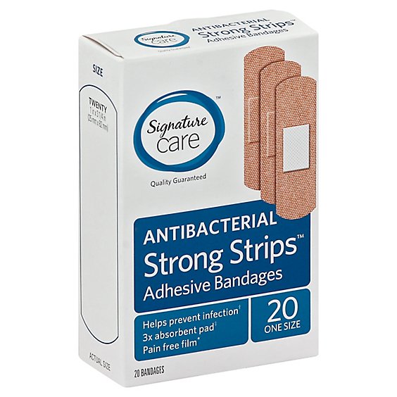 Signature Care Adhesive Bandages Strong Strips Antibacterial One Size - 20 Count