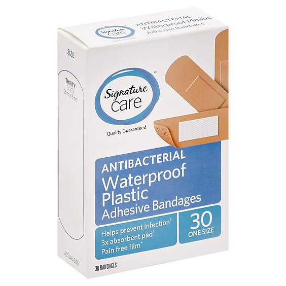 Signature Care Adhesive Bandages Waterproof Plastic Antibacterial One Size - 30 Count