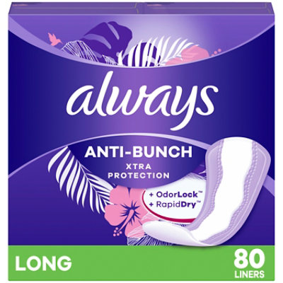 Always Anti Bunch Xtra Protection Long Absorbency Unscented Daily Liners - 80 Count