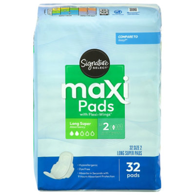 Signature Select/Care Long Super Absorbency With Flexi Wings Maxi Pads - 32 Count