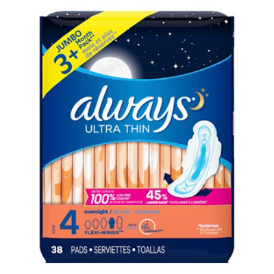 Always Pads Ultra Thin Size 4 Overnight Pads With Wings Unscented - 38 Count - Image 1