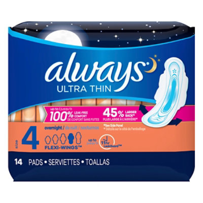  Always Ultra Thin Pads Overnight With Wings Size 4 Unscented - 14 Count 