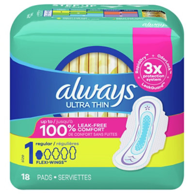 Always Ultra Thin Regular Absorbency Size 1 Unscented Pads with Wings - 18 Count - Image 3