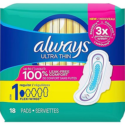 Always Ultra Thin Regular Absorbency Size 1 Unscented Pads with Wings - 18 Count - Image 2