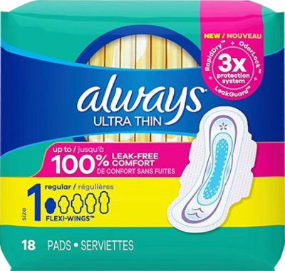 Always Ultra Thin Regular Absorbency Size 1 Unscented Pads with Wings - 18 Count - Image 2