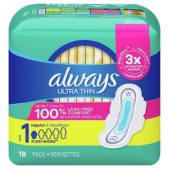Always Ultra Thin Regular Absorbency Size 1 Unscented Pads with Wings - 18 Count