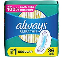 Always Ultra Thin Pads Size 1 Regular Absorbency With Wings Unscented - 36 Count