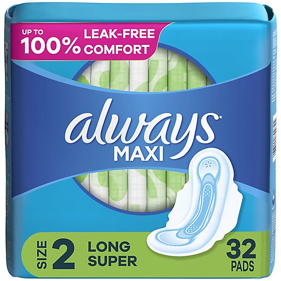 Always Maxi Super Absorbency Size 2 Long Unscented Pads with Wings - 32 Count