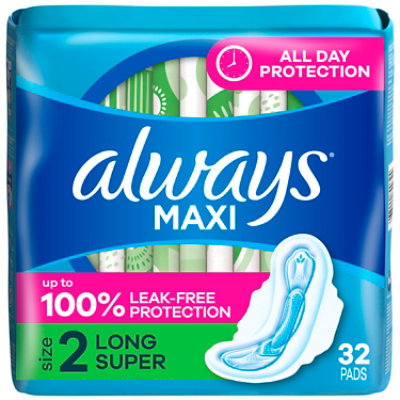 Always Maxi Super Absorbency Size 2 Long Unscented Pads with Wings - 32 Count