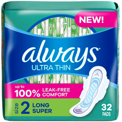 Always Ultra Thin Pads Long Super Absorbency With Wings Size 2 Unscented - 32 Count - Image 1