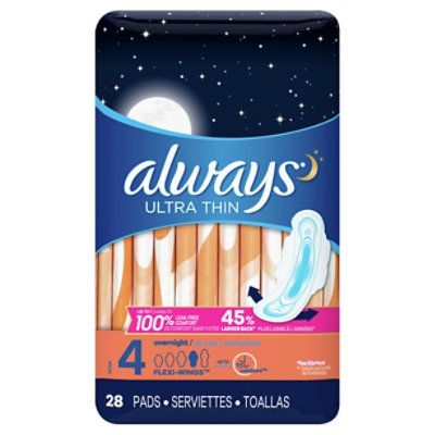  Always Pads Ultra Thin Size 4 Overnight Pads With Wings Unscented - 28 Count 