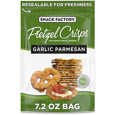Snack Factory Pretzel Crisps Pretzel Crackers Thin Crunchy Deli Style Garlic Parmesan - 7.2 Oz