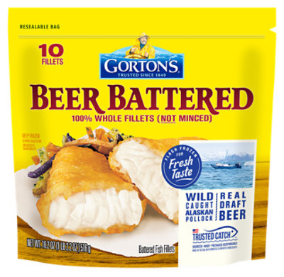 Gortons Fish Fillets 100% Real Wild Caught Beer Battered 10 Count - 18.2 Oz