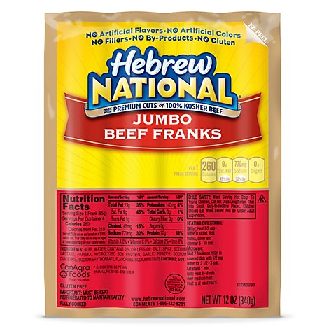 Hebrew National Jumbo Beef Franks Hot Dogs - 4 Count