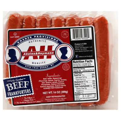 Abeles and Heymann (A&H) All Beef Kosher Hot Dogs Reduced Fat & Sodium