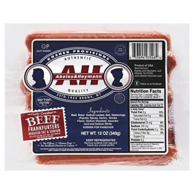 A & H All Beef Reduced Fat & Sodium Kosher Hot Dogs 12 oz.