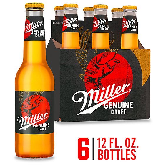 Miller Genuine Draft Beer American Style Lager 4.6% ABV Bottles - 6-12 Fl. Oz.