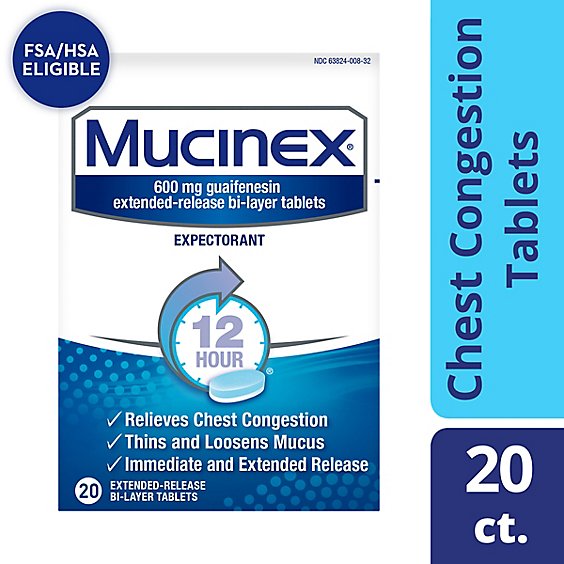 Mucinex Expectorant Chest Congestion 12 Hours Relief Tablet - 24 Count