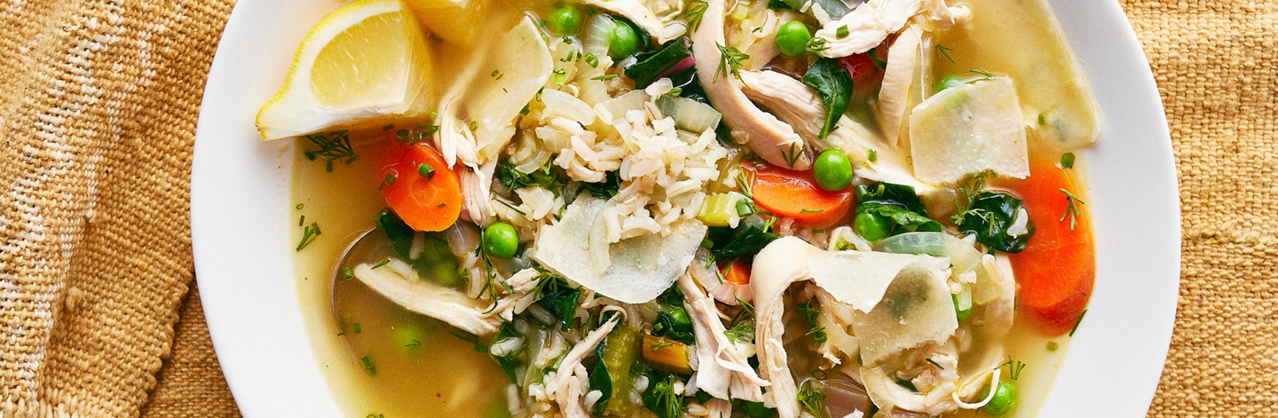 Chicken Soup with Brown Rice, Swiss Chard, and Peas