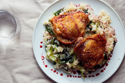 Crispy Chicken Thighs with Parmesan Risotto and Red Wine Reduction Vons