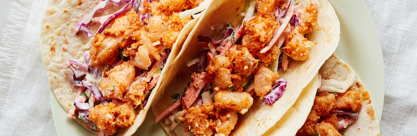 Crispy Shrimp Tacos with Cabbage-Carrot Slaw and Chipotle Mayo