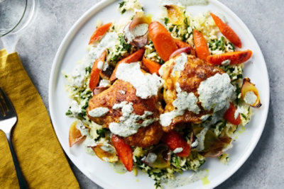 IndianSpiced Chicken Thighs with Spinach Rice and Herbed Yogurt Sauce