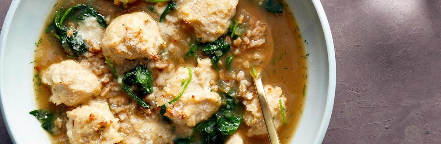 Italian Wedding Soup with Chicken Meatballs, Spinach, and Farro