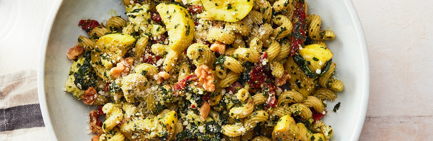 Kale-Walnut Pesto Pasta with Summer Squash and Mozzarella