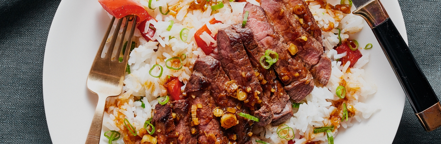 Orange Beef with Bell Pepper and Scallion Rice