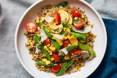 Pesto Grain Bowls with Parmesan, Summer Squash, and Sugar Snap Peas