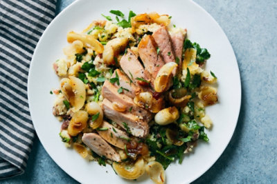 Pork Chop Agrodolce with Cipollini Onions and Spinach Mashed Potatoes