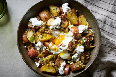 Potato, Brussels Sprout, and Mushroom Hash with Goat Cheese and Baked ...