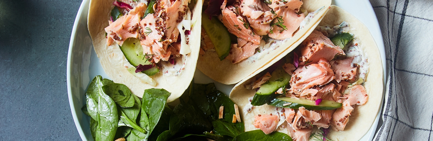 Salmon Tacos with Quick Pickles and Mustard-Dill Sauce