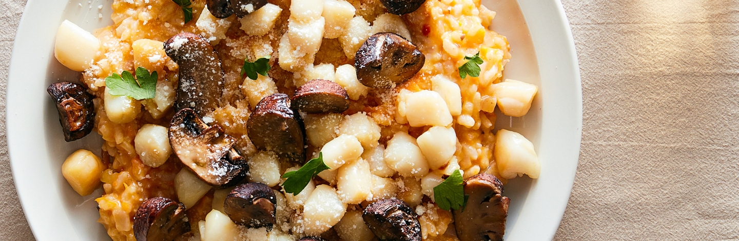 Scallop Risotto with Sweet Potato, Mushrooms, and Parmesan