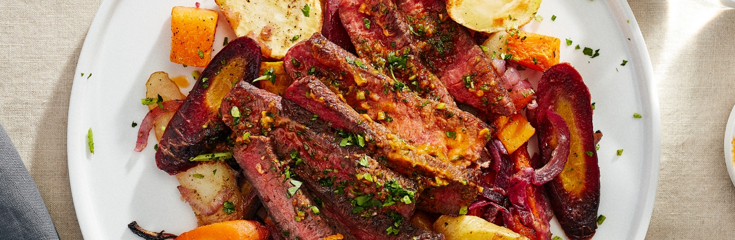 Seared Steak with Roasted Winter Vegetables and Smoky Paprika Butter