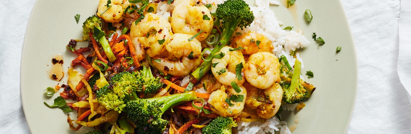 Shrimp Stir-Fry with Coconut-Lemongrass Rice and Chile Oil