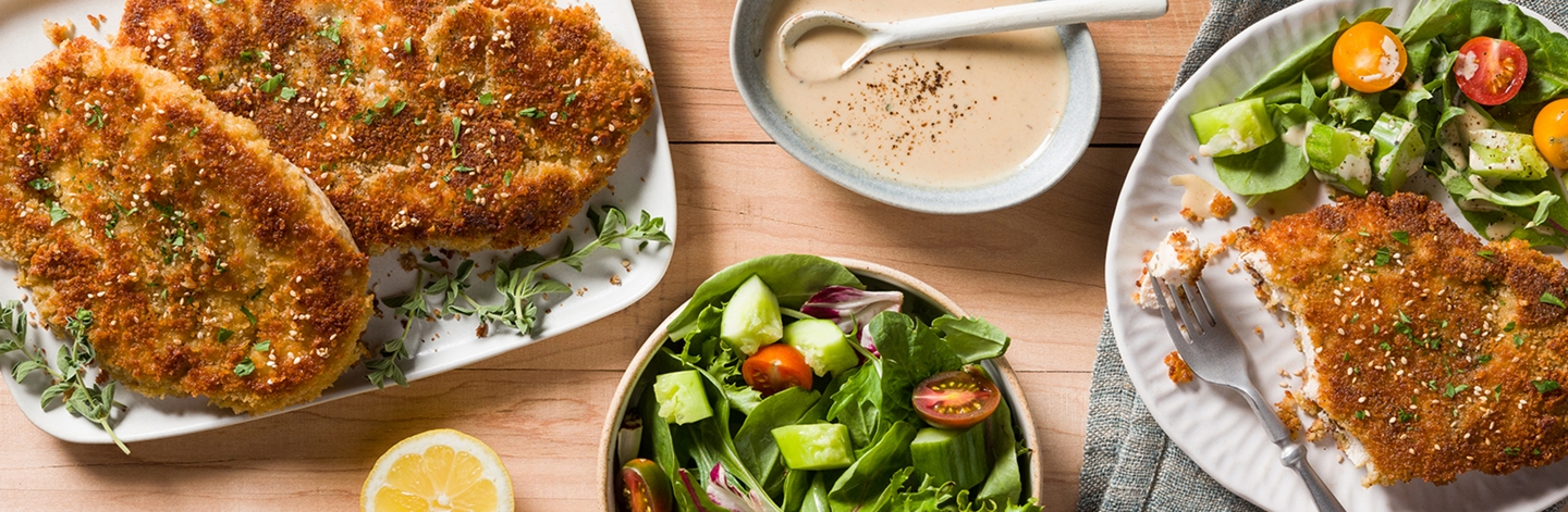 Tahini Chicken Schnitzel with Smashed Cucumber Salad