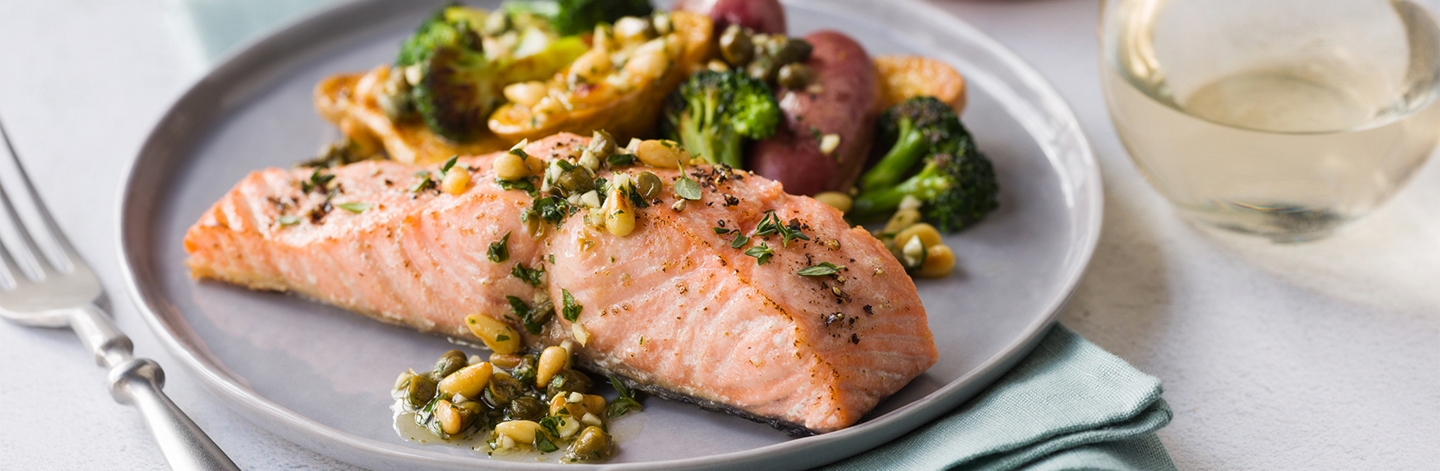 Thyme-Roasted Salmon with Fingerling Potatoes, Broccoli, and Caper Vinaigrette